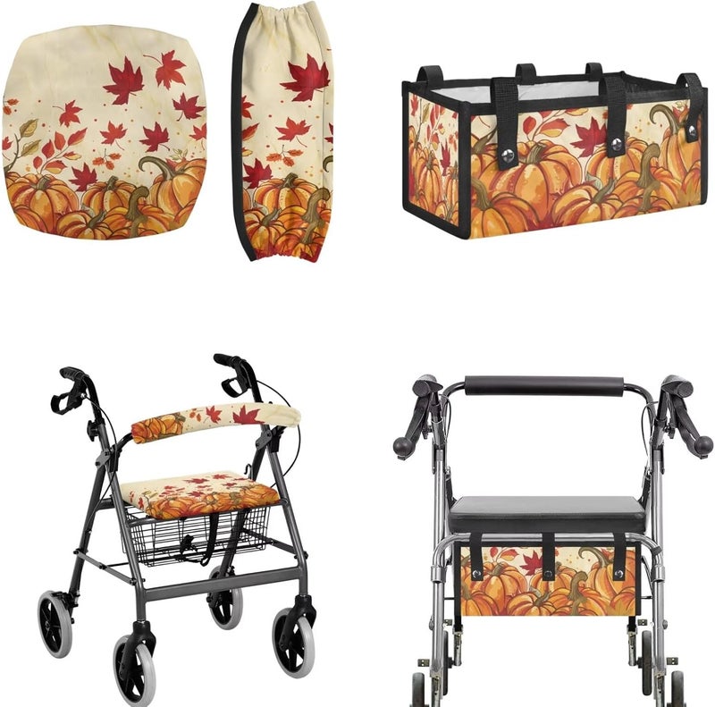 LedBack Thanksgiving Walker Accessories 3 Piece Set Rollator Walker Seat and Backrest Covers, Maple Leaf Pumpkins Storage Bags Rollator Seat Cushion Covers for Seniors - Image 1
